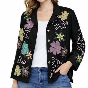 INDIGO MOON Embroidered Black Jacket XL Floral Rhinestone Button Artwear Boho